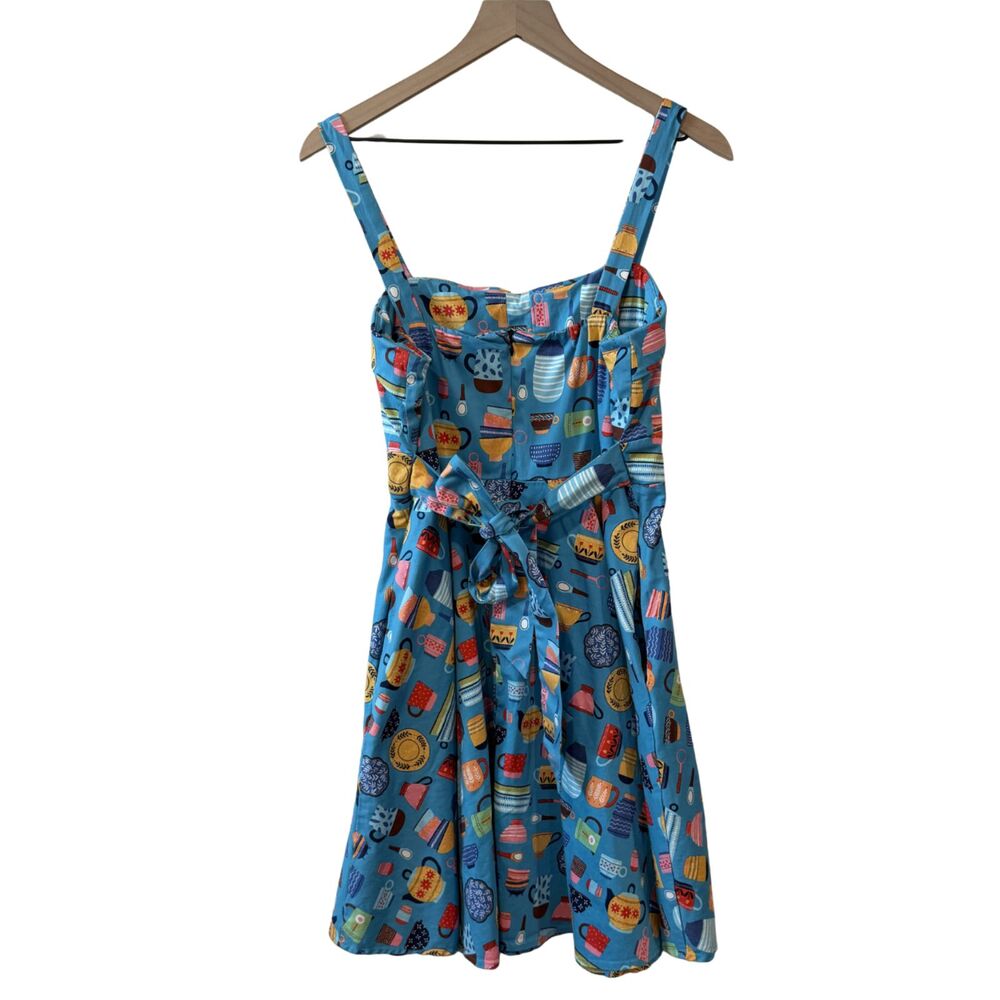 Dollz & Dames Blue Coffee Tea Pin Up Retro 50s Belted Colorful Dress Size XL - Picture 2 of 5
